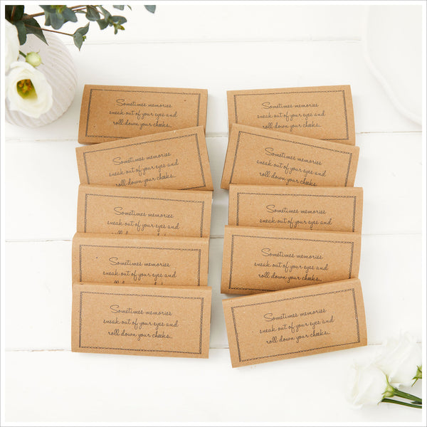 10 Kraft Pre-Filled Funeral Tissue Favours - 'Sometimes Memories Sneak Out of Your Eyes...' - Angel & Dove