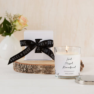'Loved, Missed, Remembered' Gift Boxed 300ml Candle Sympathy Gift with Silver Lid - Angel & Dove
