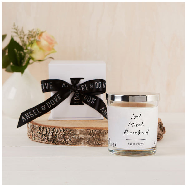 'Loved, Missed, Remembered' Gift Boxed 300ml Candle Sympathy Gift with Silver Lid - Angel & Dove