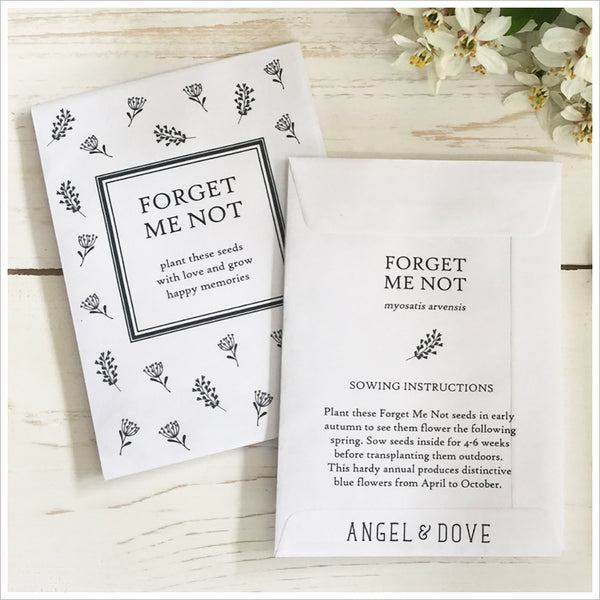 25 Unfilled Forget-Me-Not Seed Packet Funeral Favour Envelopes - Angel & Dove