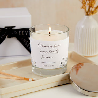 'Memories Live in Our Hearts Forever' Gift Boxed 300ml Remembrance Candle Sympathy Gift - Angel & Dove