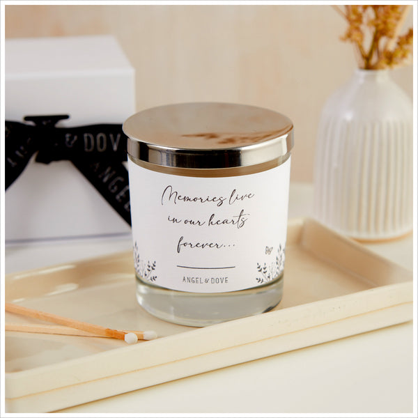 'Memories Live in Our Hearts Forever' Gift Boxed 300ml Remembrance Candle Sympathy Gift - Angel & Dove