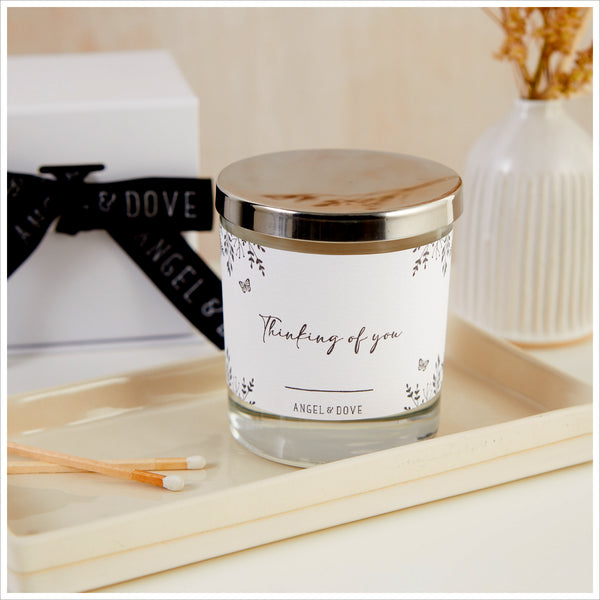 'Thinking of You' Gift Boxed 300ml Remembrance Candle with Silver Lid - Angel & Dove