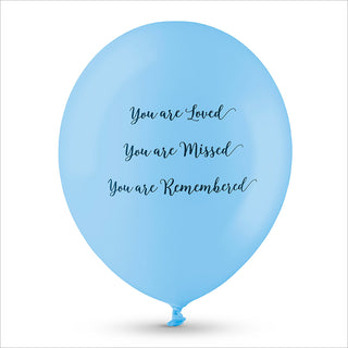 50 White & Blue 'You are Loved, Missed, Remembered' Biodegradable Funeral Balloons - Angel & Dove