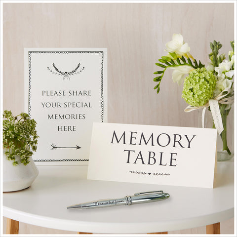 Set of 2 Ivory Funeral Table Signs & 'Memories Last Forever' Pen - Angel & Dove