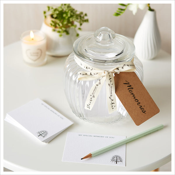 Glass Memory Jar & 50 Luxury Remembrance Cards for Funeral Memory Table - Angel & Dove