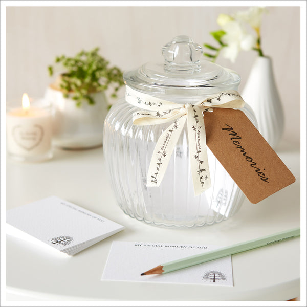 Glass Memory Jar & 50 Luxury Remembrance Cards for Funeral Memory Table - Angel & Dove
