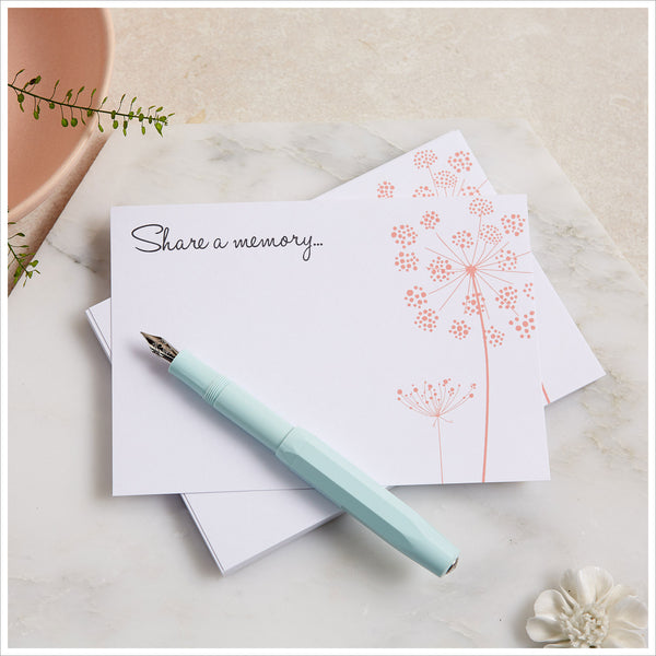 25 'Share a Memory' A6 Funeral Remembrance Cards with Blush Wildflower Design - Angel & Dove