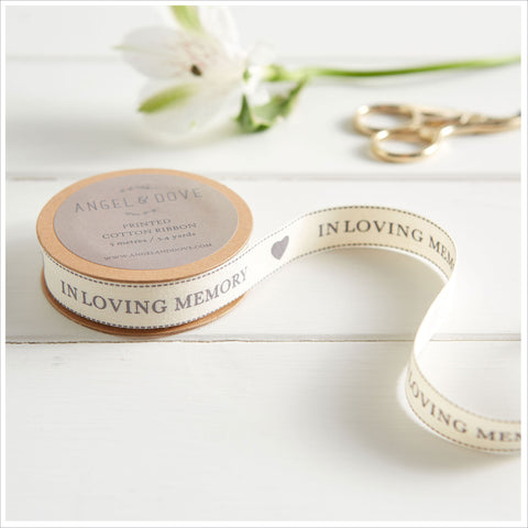 'In Loving Memory' Printed Natural Cotton Ribbon - 5m or 25m Roll - Angel & Dove