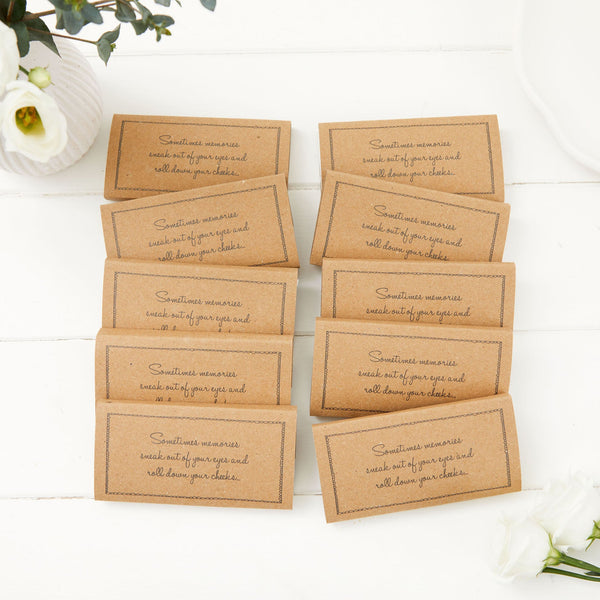 10 Kraft Pre-Filled Funeral Tissue Favours - 'Sometimes Memories Sneak Out of Your Eyes...' - Angel & Dove