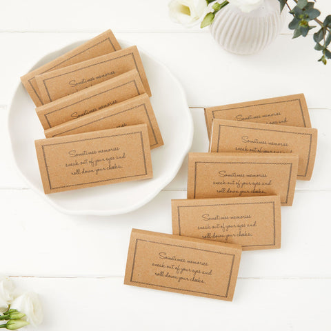 10 Kraft Pre-Filled Funeral Tissue Favours - 'Sometimes Memories Sneak Out of Your Eyes...' - Angel & Dove