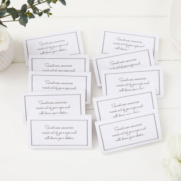 10 White Pre-Filled Funeral Tissue Favours - 'Sometimes Memories Sneak Out of Your Eyes...' - Angel & Dove