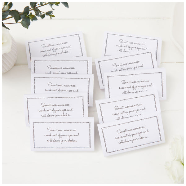 10 White Pre-Filled Funeral Tissue Favours - 'Sometimes Memories Sneak Out of Your Eyes...' - Angel & Dove