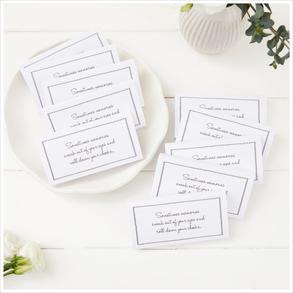 10 White Pre-Filled Funeral Tissue Favours - 'Sometimes Memories Sneak Out of Your Eyes...' - Angel & Dove