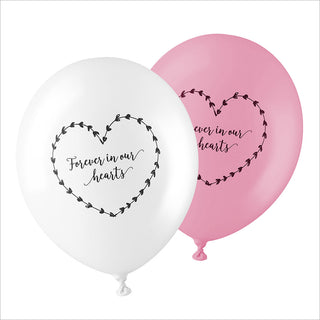 50 White & Pink 'Forever In Our Hearts' Biodegradable Funeral Balloons - Angel & Dove