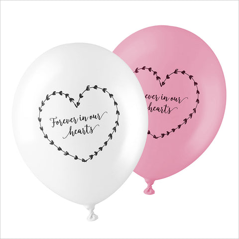 50 White & Pink 'Forever In Our Hearts' Biodegradable Funeral Balloons - Angel & Dove