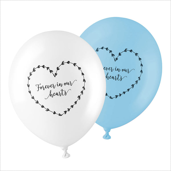 50 White & Blue 'Forever In Our Hearts' Biodegradable Funeral Balloons - Angel & Dove