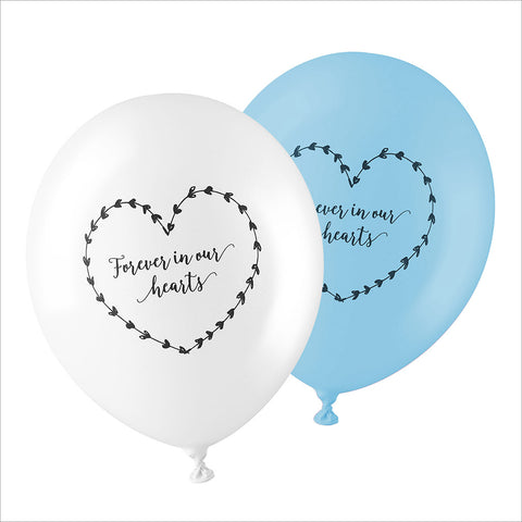 50 White & Blue 'Forever In Our Hearts' Biodegradable Funeral Balloons - Angel & Dove