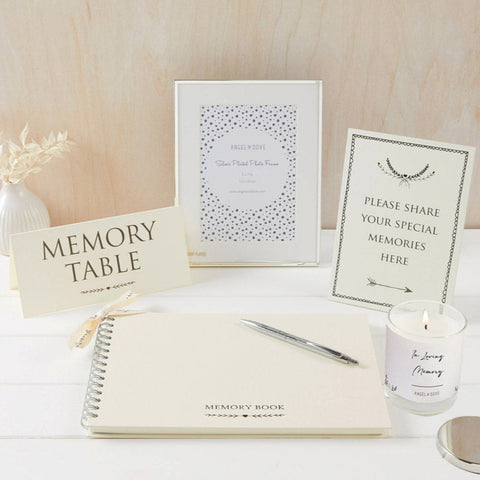 Funeral Memory Table Collection with Candle - A4 Memory Book, Candle with Silver Lid, 'Memories' Pen, Silver Photo Frame & 2 Signs
