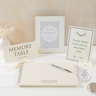 Funeral Memory Table Collection with Candle - A4 Memory Book, Candle with Silver Lid, 'Memories' Pen, Silver Photo Frame & 2 Signs