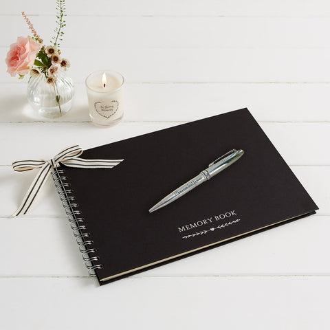 A4 Black Funeral Memory Condolence Book & Silver 'Memories' Pen