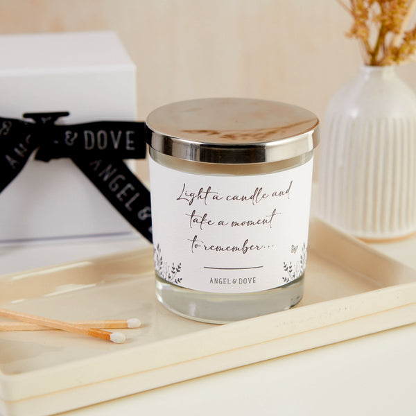 'Light a Candle and Take a Moment to Remember' Gift Boxed 300ml Candle with Silver Lid Sympathy Gift - Angel & Dove