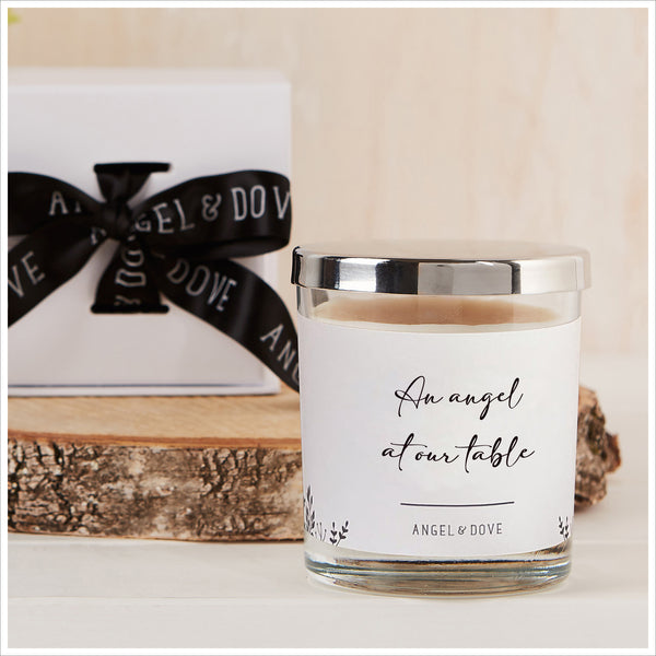 'An Angel at our Table' Gift Boxed 300ml Remembrance Candle with Silver Lid - Angel & Dove
