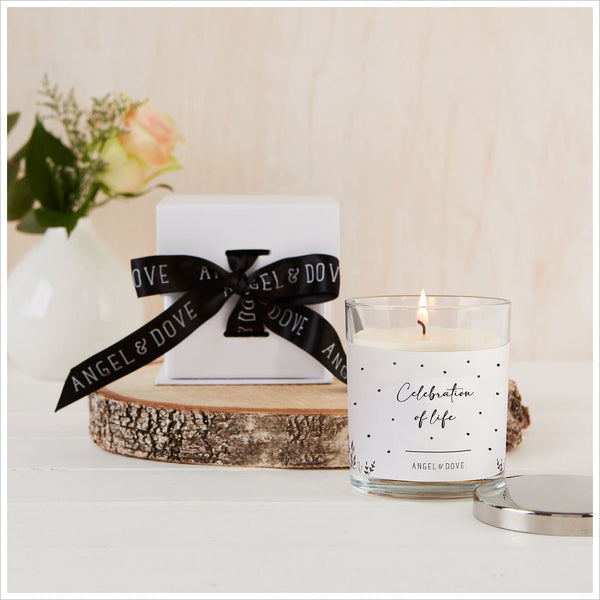 'Celebration of Life' Gift Boxed 300ml Funeral Remembrance Candle with Lid - Angel & Dove