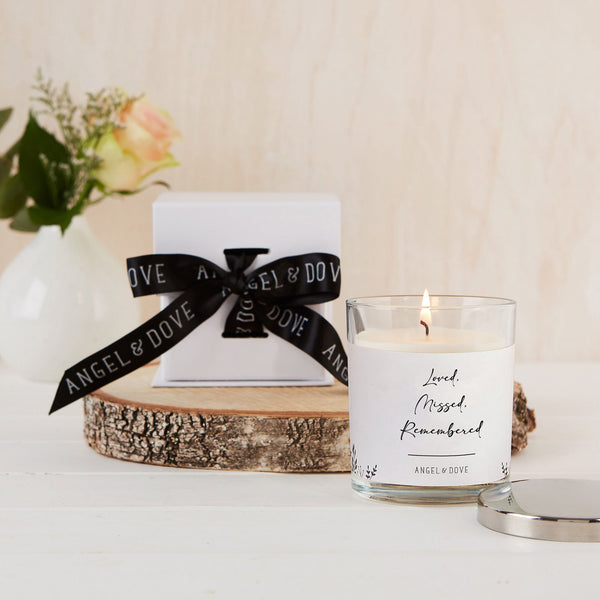 'Loved, Missed, Remembered' Gift Boxed 300ml Candle Sympathy Gift with Silver Lid - Angel & Dove