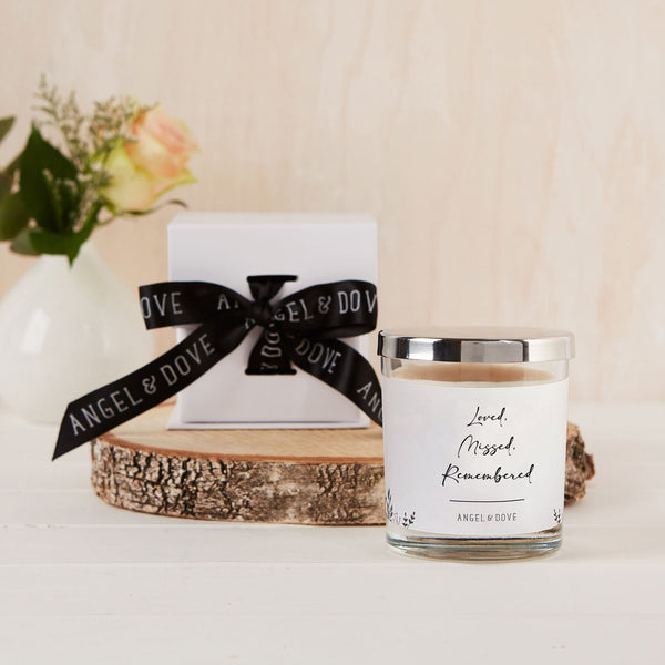 'Loved, Missed, Remembered' Gift Boxed 300ml Candle Sympathy Gift with Silver Lid - Angel & Dove