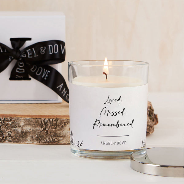 'Loved, Missed, Remembered' Gift Boxed 300ml Candle Sympathy Gift with Silver Lid - Angel & Dove