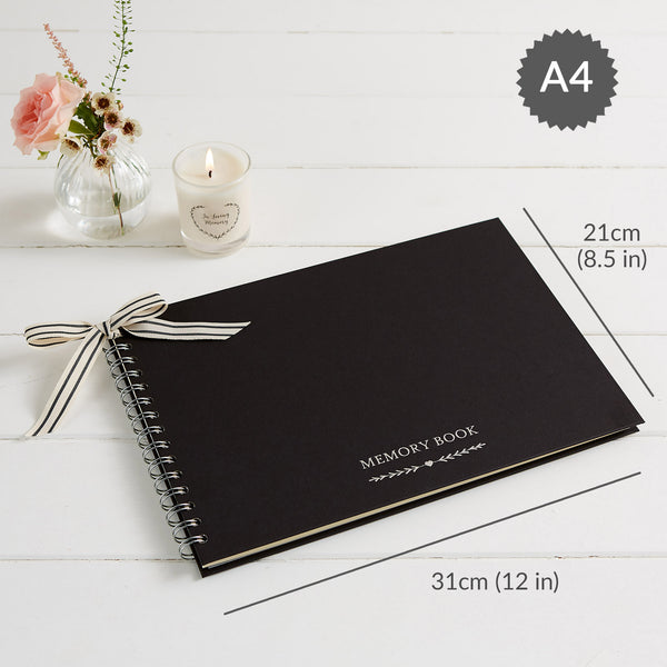 A4 Black Funeral Memory Condolence Book & Silver 'Memories' Pen