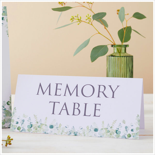 Set of 2 Eucalyptus Funeral Memory Table Signs - Angel & Dove