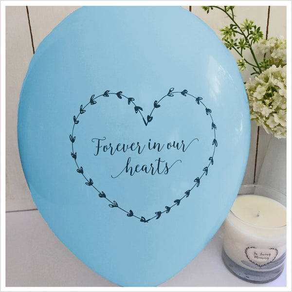50 White & Blue 'Forever In Our Hearts' Biodegradable Funeral Balloons - Angel & Dove