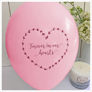 50 White & Pink 'Forever In Our Hearts' Biodegradable Funeral Balloons - Angel & Dove