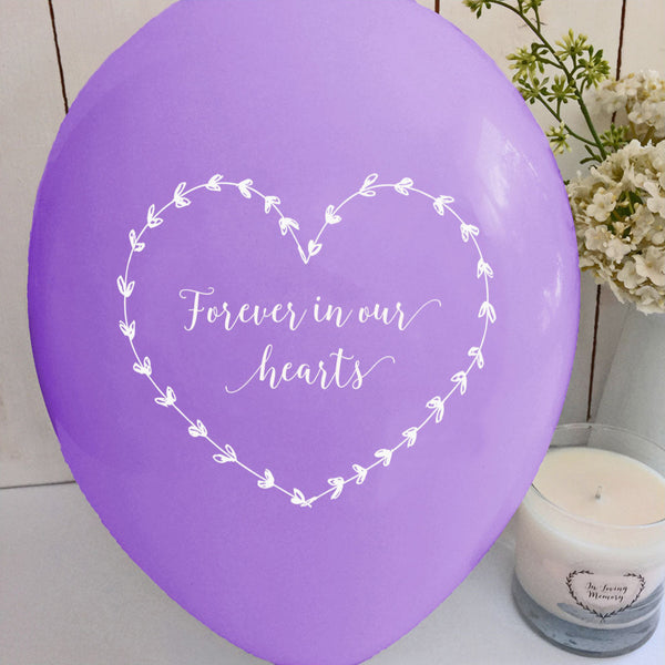 25 Purple 'Forever In Our Hearts' Biodegradable Funeral Balloons - Angel & Dove