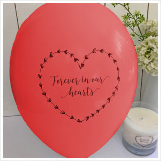 50 White & Red 'Forever In Our Hearts' Biodegradable Funeral Balloons - Angel & Dove