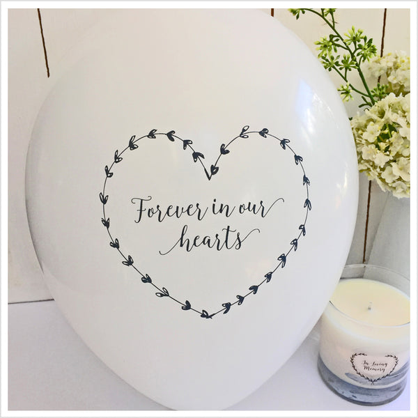 50 White & Blue 'Forever In Our Hearts' Biodegradable Funeral Balloons - Angel & Dove