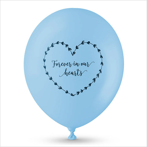 50 White & Blue 'Forever In Our Hearts' Biodegradable Funeral Balloons - Angel & Dove