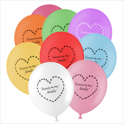 25 Rainbow 'Forever In Our Hearts' Biodegradable Funeral Balloons - Angel & Dove