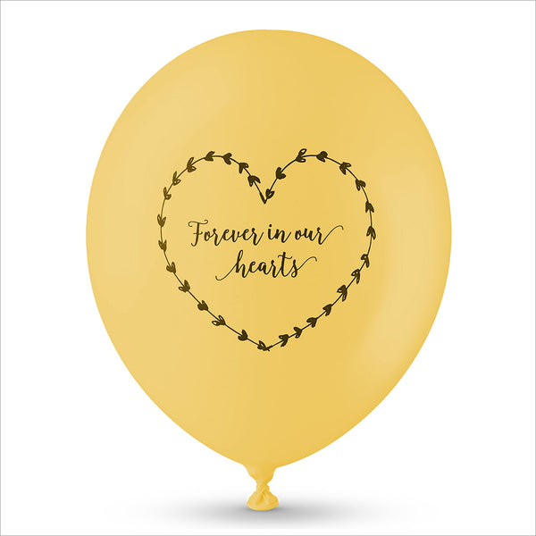 50 White & Yellow 'Forever In Our Hearts' Biodegradable Funeral Balloons - Angel & Dove