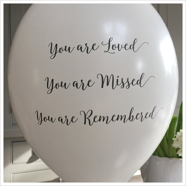 50 White & Red 'You are Loved, Missed, Remembered' Biodegradable Funeral Balloons - Angel & Dove