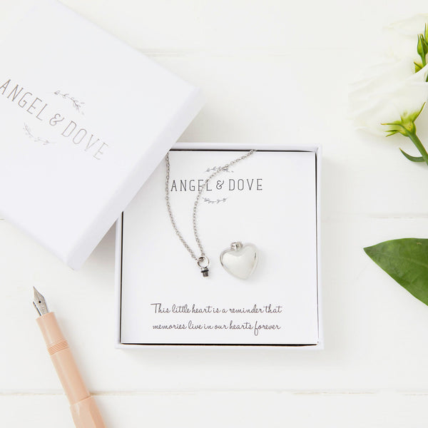 Heart Cremation Ash Necklace with Luxury Gift Bag & Card - Angel & Dove