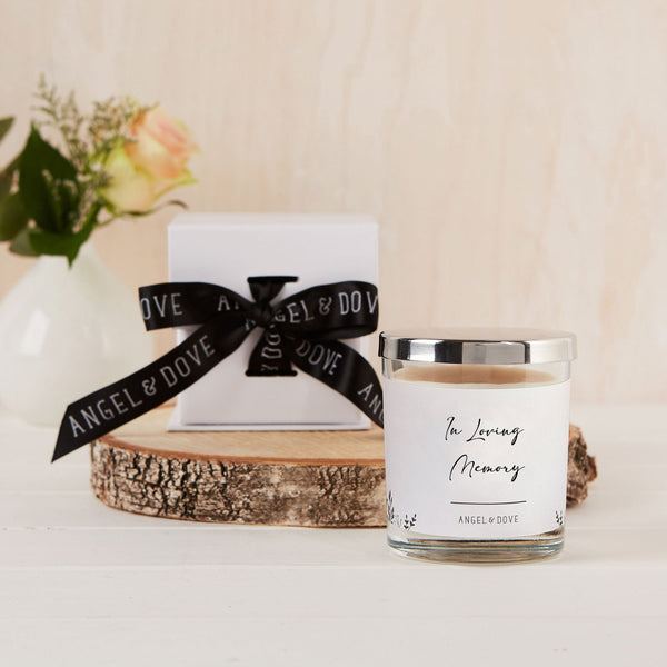 'In Loving Memory' Gift Boxed 300ml Remembrance Candle Sympathy Gift with Silver Lid - Angel & Dove