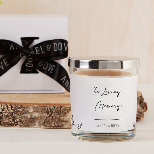 'In Loving Memory' Gift Boxed 300ml Remembrance Candle Sympathy Gift with Silver Lid - Angel & Dove