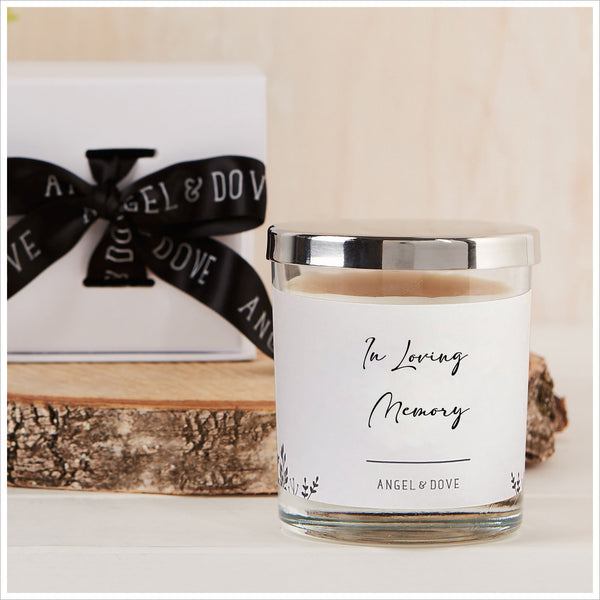 'In Loving Memory' Gift Boxed 300ml Remembrance Candle Sympathy Gift with Silver Lid - Angel & Dove