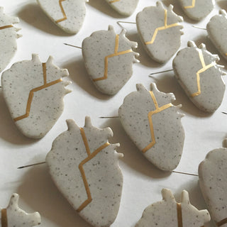 Handmade Porcelain Kintsugi Heart Brooch Sympathy Gift - Angel & Dove