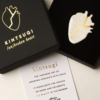 Handmade Porcelain Kintsugi Heart Brooch Sympathy Gift - Angel & Dove