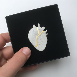 Handmade Porcelain Kintsugi Heart Brooch Sympathy Gift - Angel & Dove