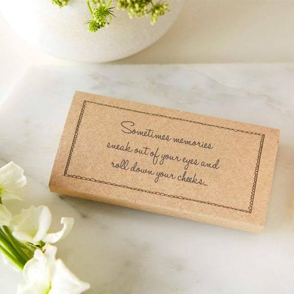 10 Kraft Pre-Filled Funeral Tissue Favours - 'Sometimes Memories Sneak Out of Your Eyes...' - Angel & Dove